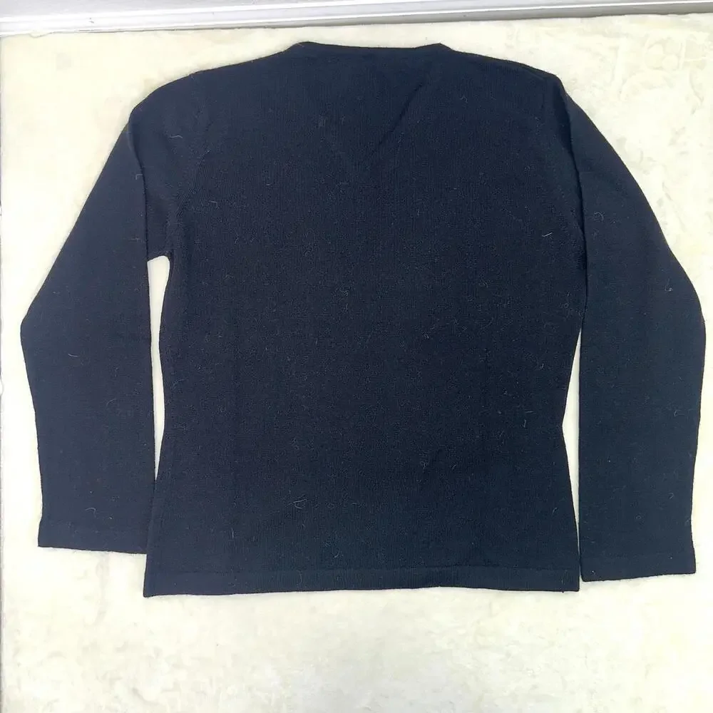 Black Petite L 100% Fine Italian Merino Wool V-Neck Sweater Lightweight Classic